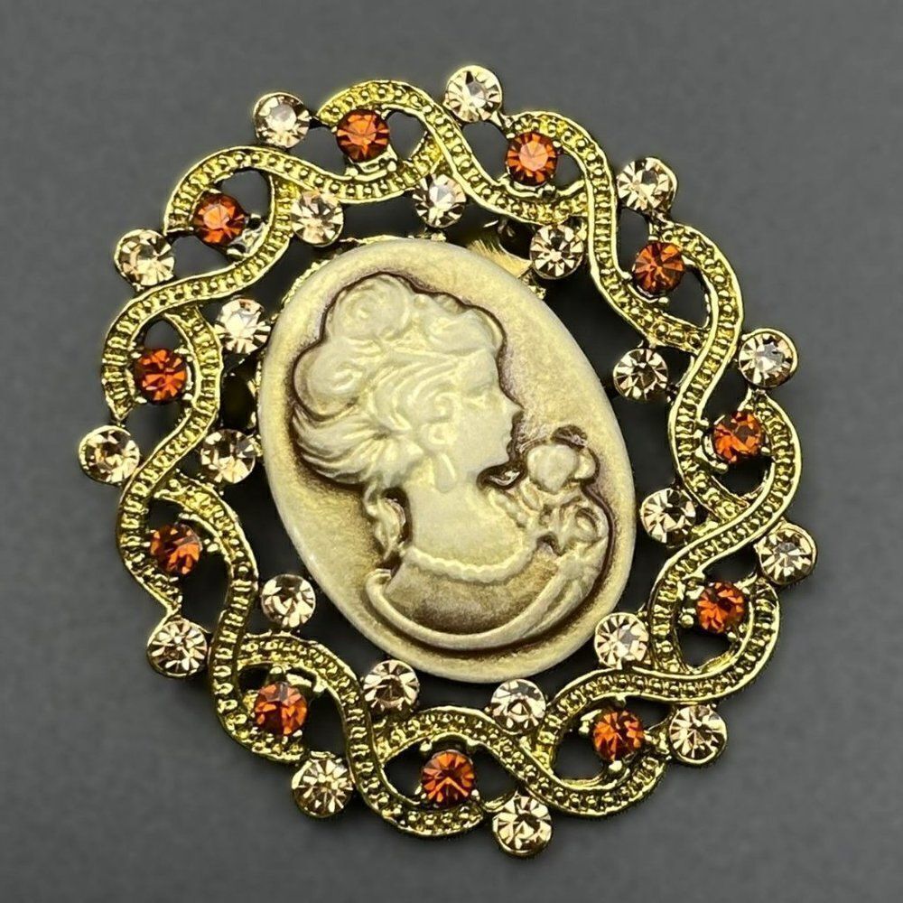 Yellow Gold with Champagne Topaz Crystal Victorian Lady Cameo Pin Back Brooch